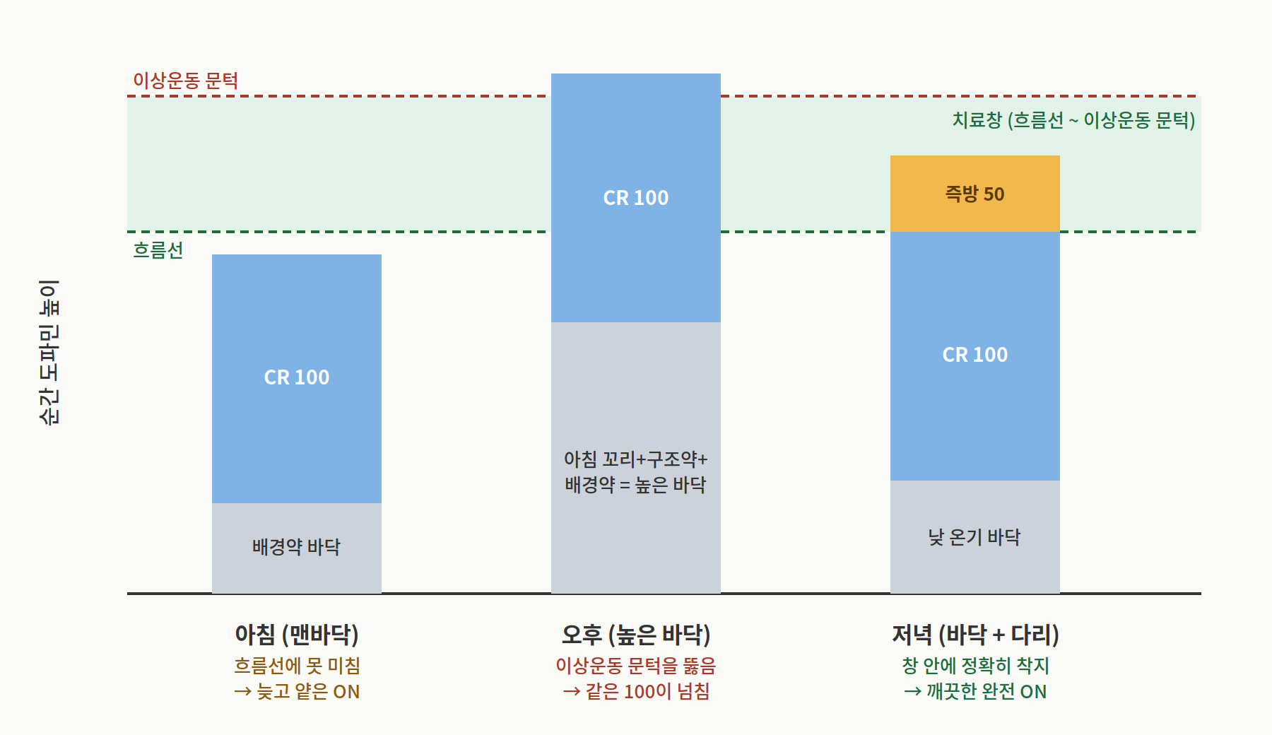 아침, 오후, 저녁의 서로 다른 배경 상태 위에 CR 100mg과 즉방형 50mg이 놓이는 모습을 비교한 막대 개념도